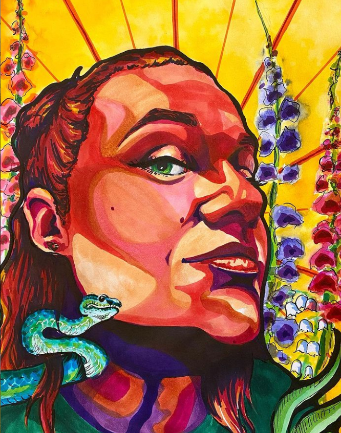 A colorful portrait of a person's face 